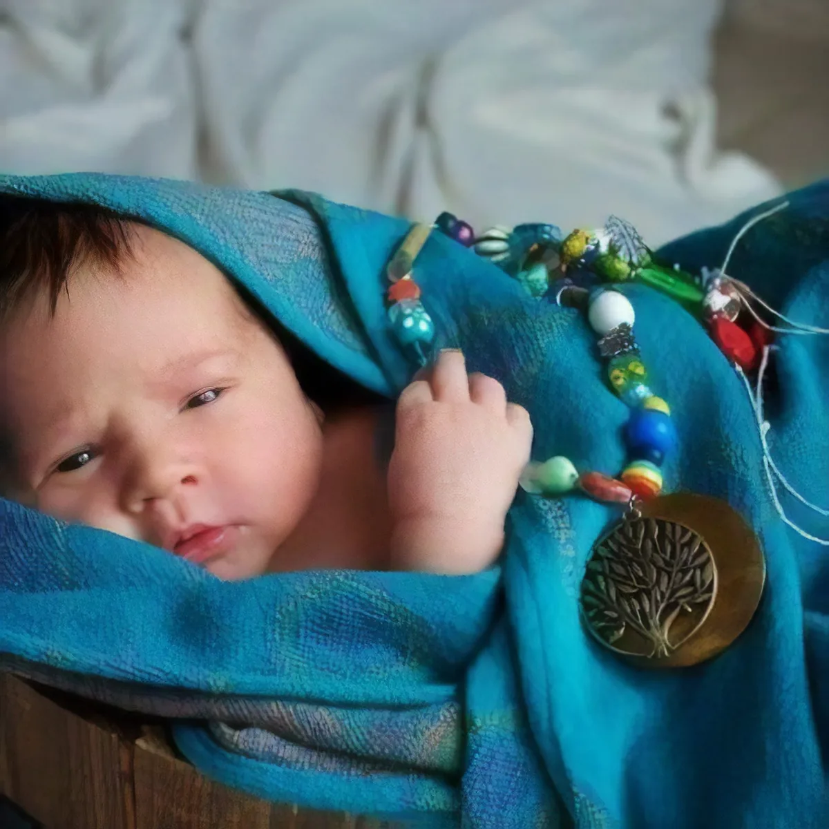 A newborn wrapped warmly in a blue woven blanket